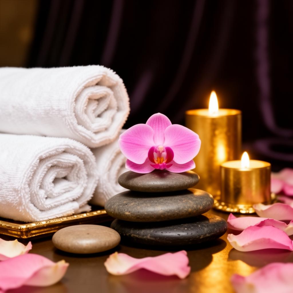 Relaxing spa setup with towels, stones and candles